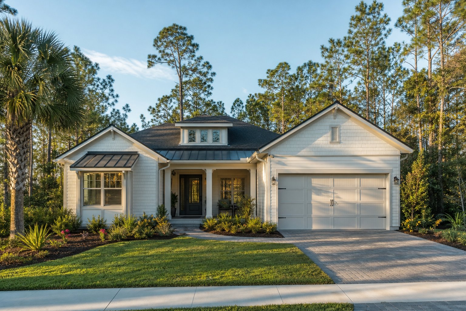 Single-story coastal-style home with a paver driveway and tropical landscaping near Nocatee, Florida