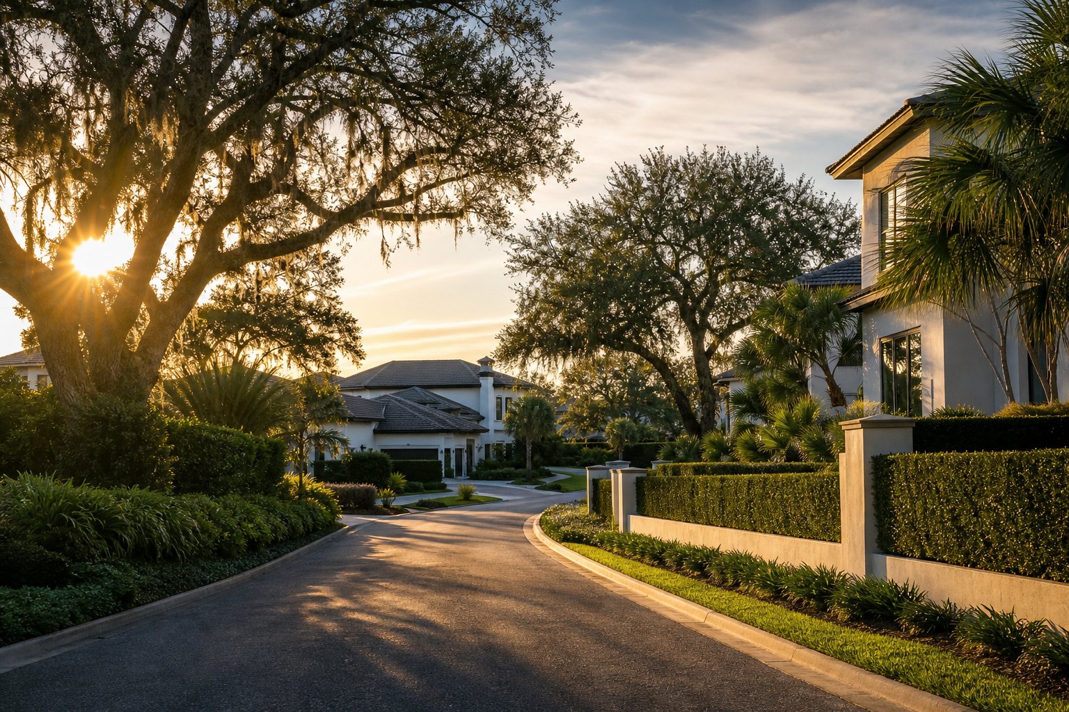 A Ponte Vedra Beach area neighborhood street at golden hour, lined with oak trees and upscale homes