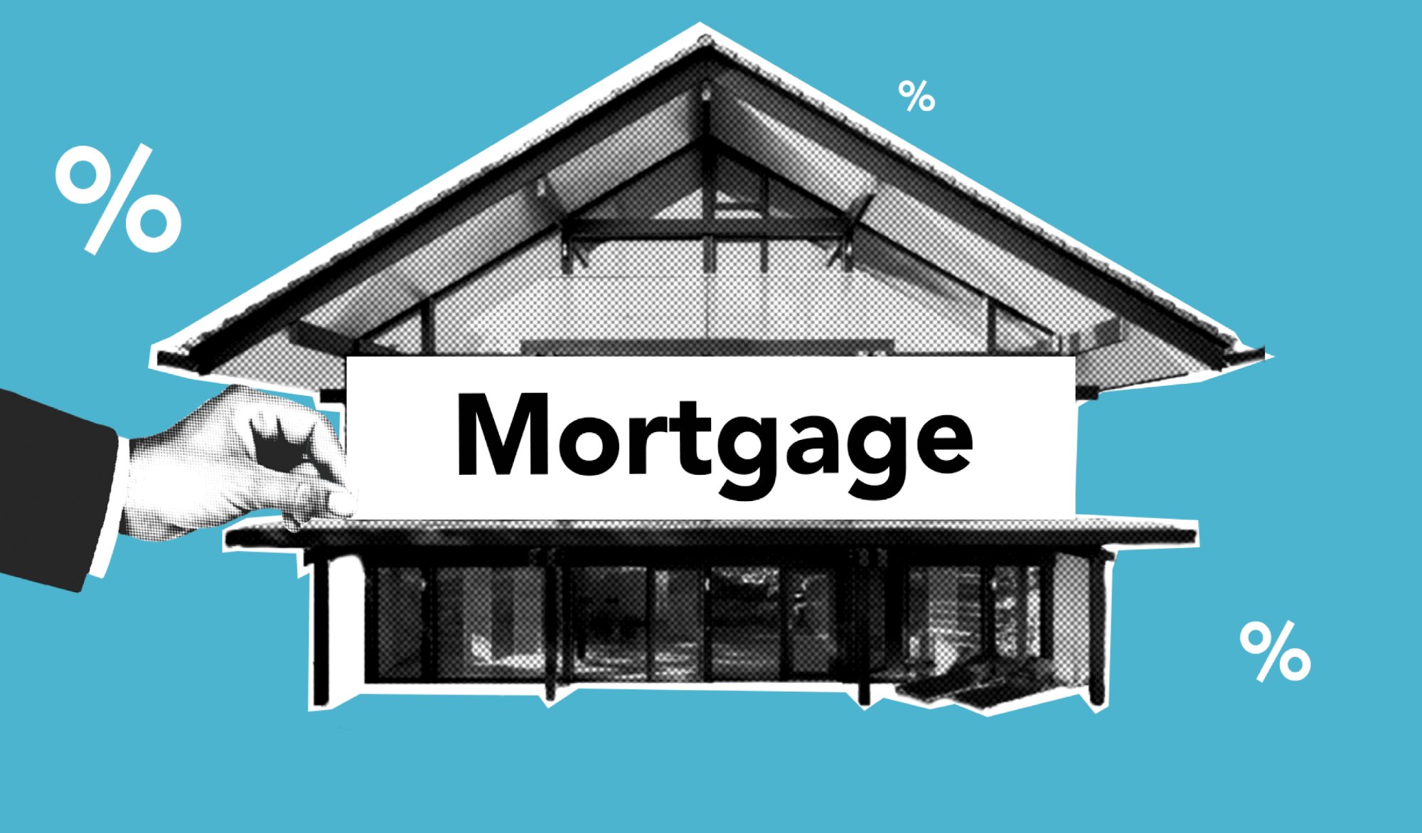 Illustration of a hand holding a sign reading "Mortgage" in front of a house, with percent symbols representing interest rates