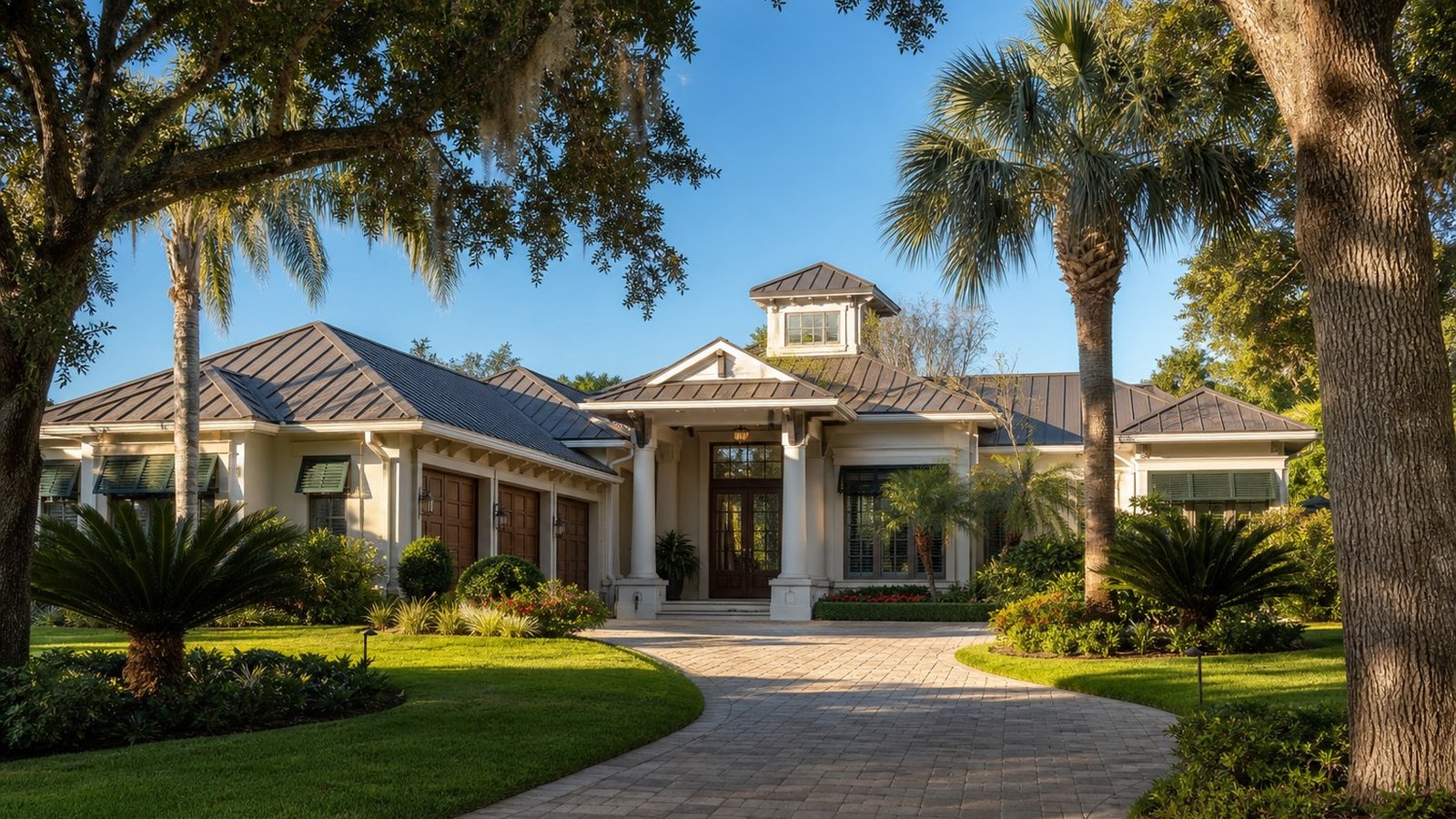 Luxury single-story Florida home with a standing-seam metal roof, paver circular driveway, and oak and palm tree landscaping in Ponte Vedra Beach