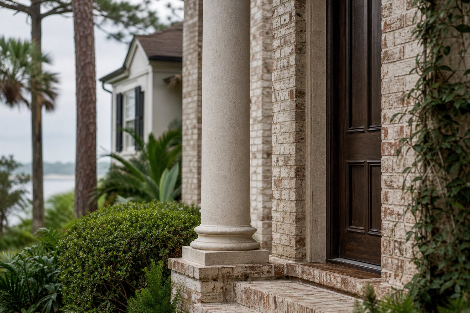 Close-up of a classical column and dark wood front door on a brick Ponte Vedra area home, with palm trees and water visible in the background