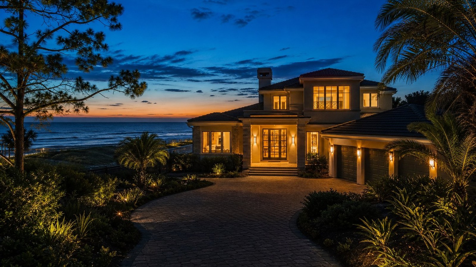 Luxury two-story oceanfront home lit at dusk with palm trees and ocean view in Ponte Vedra Beach, Florida