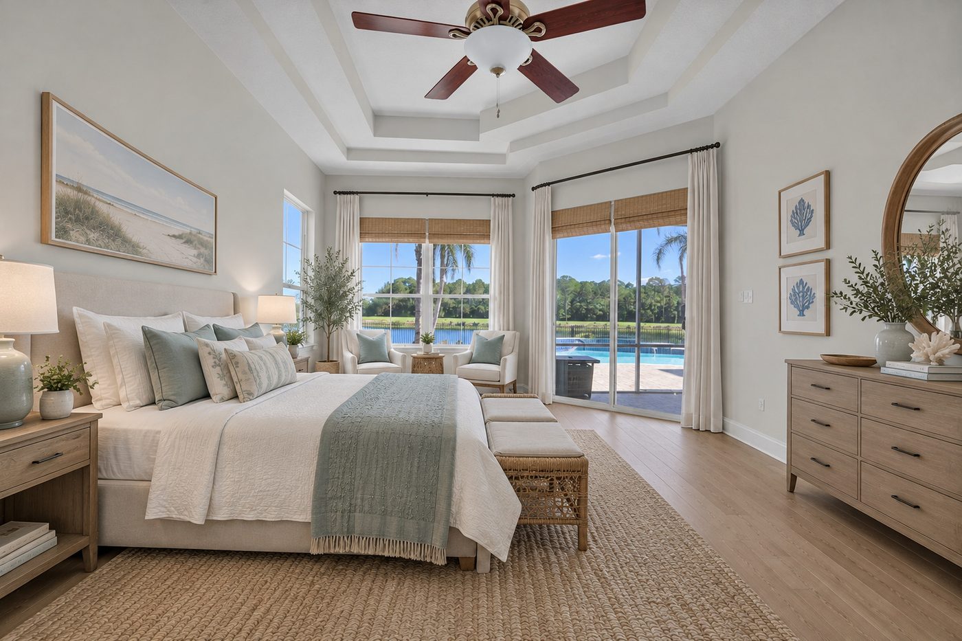 237 S Hampton Club Way &mdash; the primary bedroom, opening to the pool (virtually staged)